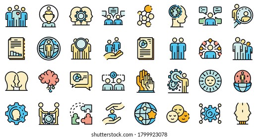 Sociology icons set. Outline set of sociology vector icons thin line color flat on white