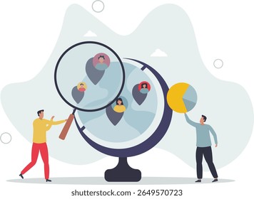 Sociologia illustration.people olha através da lupa para os resultados da pesquisa, a vida dos personagens .