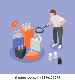 Sociology isometric background composition with woman holding magnifying glass and radial chart pieces with thought bubble vector illustration