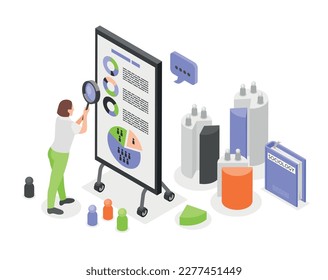 Sociology isometric composition with female character holding magnifying glass and stand with analytics and radial charts vector illustration