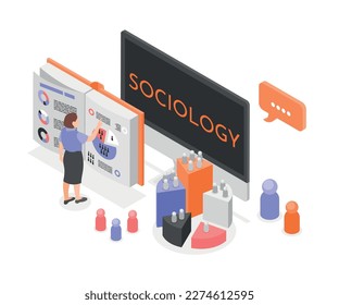 Sociology isometric composition with isolated view of computer radial chart pieces of different height and woman vector illustration