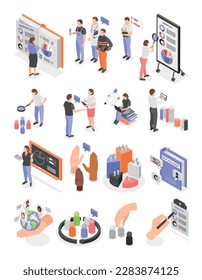 Sociology isometric set with isolated conceptual icons of radial chart analytics books research and human characters vector illustration