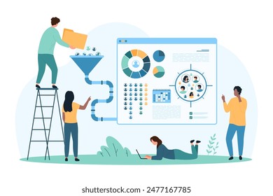 Sociology and marketing analysis, data conversion by sociologists. Tiny people work with data funnel and charts, study structure of focus group and interaction of customers cartoon vector illustration