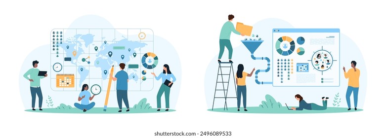 Sociology and marketing analysis set. Tiny people work with funnel for focus group, research data conversion in charts and global location of social groups on world map cartoon vector illustration
