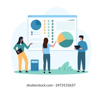 Sociology research, demography, global data analysis by sociologists. Tiny people study infographic pie chart of distribution of society into human groups on survey results cartoon vector illustration