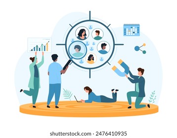 Sociology research, focus group of customers analysis. Tiny sociologists study group of people inside crosshairs with magnifying glass, attract new audience with magnet cartoon vector illustration