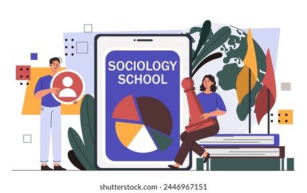 Sociology school concept. Man and woman with graphs and diagrams. Team of sociologists conduct reseraches. Digital education. Cartoon flat vector illustration isolated on white background