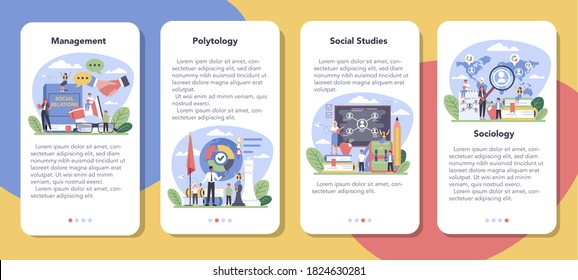 Sociology School Subject Mobile Application Banner Set. Students Studying Society, Pattern Of Social Relationship, Social Interaction. Polytics Science And Social Studies. Vector Illustration