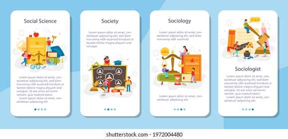 Sociology school subject mobile application banner set. Students studying society, pattern of social relationship, social interaction, and culture.. Flat vector illustration