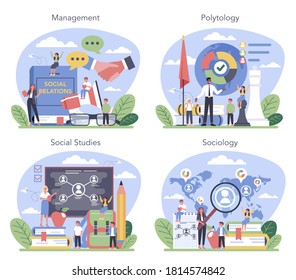 Sociology school subject set. Students studying society, pattern of social relationship, social interaction, and culture. Polytics science and social studies. Vector illustration