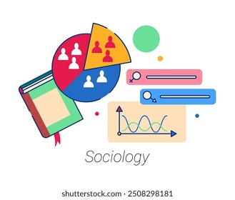 Sociología de la asignatura escolar, interacción y relación social, cultura. Vector de dibujos animados planos aislados, ciencias políticas y estudios sociales para estudiantes. Cuaderno con gráficos y estadísticas gráficas