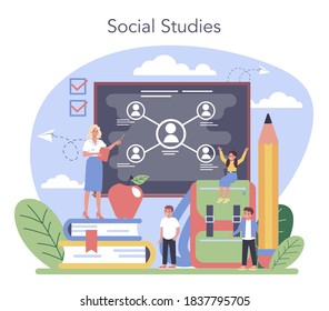 Sociology School Subject. Students Studying Society, Pattern Of Social Relationship, Social Interaction, And Culture. Polytics Science And Social Studies. Vector Illustration