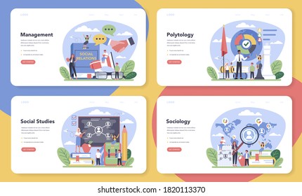 Sociology school subject web banner or landing page set. Students studying society, pattern of social relationship, social interaction. Polytics science and social studies. Vector illustration