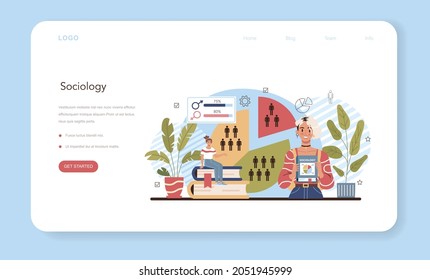 Sociology school subject web banner or landing page. Students studying society, pattern of social relationship, social interaction, and culture. Vector flat illustration