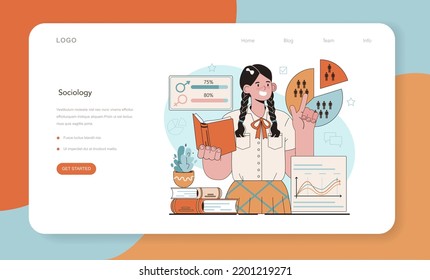 Sociology school subject web banner or landing page. Students studying society, pattern of social relationship, social interaction, and culture. Polytics science. Flat vector illustration