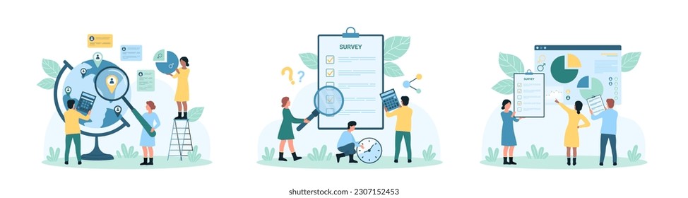 Sociology set vector illustration. Cartoon tiny people look through magnifying glass at survey results, sociologists research society, analyze charts of sociological report and location on globe