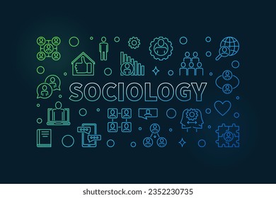 Sociology and Society Interaction Vektorkonzept, dünner Linie, horizontaler Banner mit dunklem Hintergrund