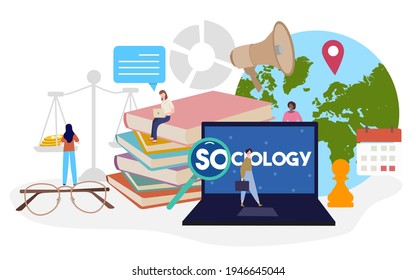 sociology studies concept people around laptop scale book speaker location pointer earth flat cartoon style vector design illustration