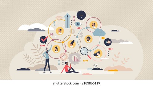 Sociology As Study Of Social Life And Human Behavior Tiny Person Concept. Social Analysis With Demographics, Culture And Ethnicity Data Research Vector Illustration. Group Interactions And