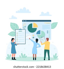 Sociology survey and research results vector illustration. Cartoon tiny people holding survey list to study society, focus group, gender statistics and discuss report document with graphs and charts