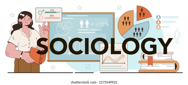 Encabezado tipográfico de sociología. Estudiantes estudiando la sociedad, el patrón de relación social, la interacción social y la cultura. Ciencias de la politica y estudios sociales. Ilustración vectorial plana