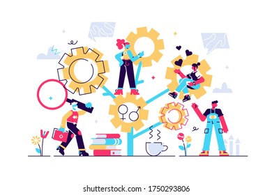 Sociology vector illustration. Flat tiny research ethnical persons concept. Community globalization and science about people group diversity, culture, race and traditions to understand and accept.