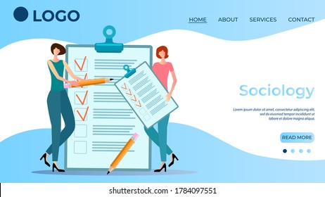 Sociology.People's reviews and survey form.Employees are engaged in customer surveys.Feedback.Monitoring public opinion.The template of the landing page.Flat vector illustration.
