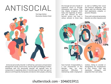 Sociopathy infographics book pages with statistics for emotional immunity, aggressive behavior, problems with intimacy vector illustration  