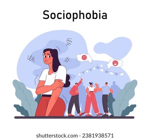 Sociophobia. Human's irrational inner fears and panic. Mental disorder, feeling of threat and danger. Psychology and mental therapy. Flat vector illustration