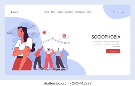 Sociophobia web banner or landing page. Human's irrational inner fears and panic. Mental disorder, feeling of threat and danger. Flat vector illustration