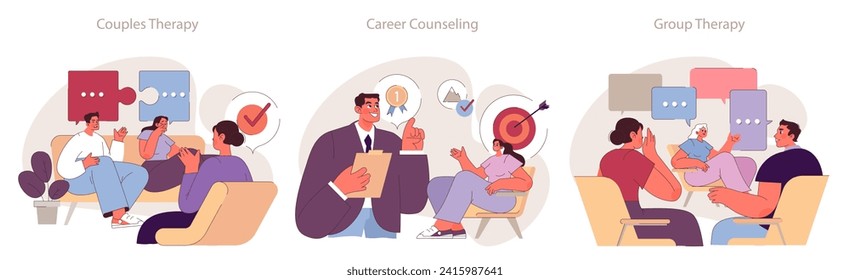 Socio-psychological support concept. Illustration of couples, career, and group therapy sessions. Facilitating communication and goal achievement.