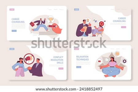 Socio-psychological support concept. Visual guide for career counseling, conflict resolution, and relaxation techniques.