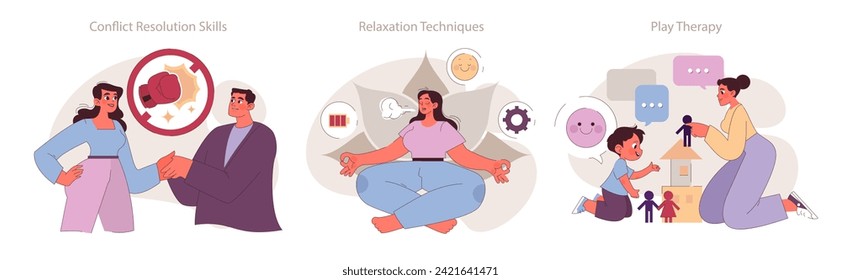 Socio-psychological support concept. Visuals on conflict resolution, relaxation methods, and child play therapy. Facilitating mental health.