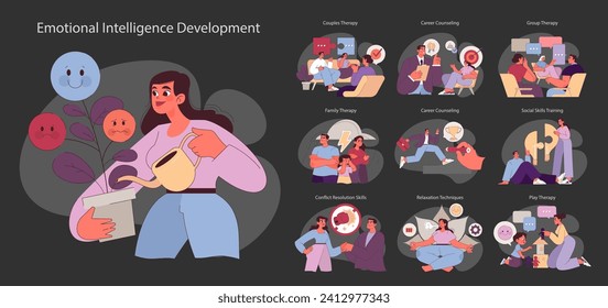 Socio-psychological support set. Various therapeutic methods nurturing emotional well-being. Techniques for personal growth.