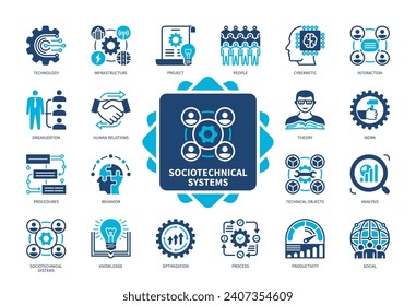 Conjunto de iconos de Sistemas Sociotécnicos. Tecnología, Cibernetica, Interacción, Relación Humana, Procedimientos, Infraestructura, Teoría, Trabajo. Iconos sólidos de color Duotone