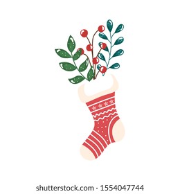 sock christmas decorative with branches and leafs vector illustration design