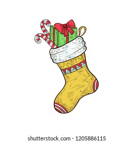Sock. Christmas, New Year. Gift, candy. Sketch. Color