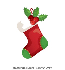 sock christmas with seeds and leafs decorative vector illustration design