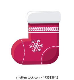 Sock for christmas stocking vector. Flat design. Illustration of big warm red sock with snowflake ornament. Christmas and New Year celebrating. Winter holidays symbol. Isolated on white background