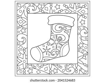 Sock - Christmas winter coloring page, frame with snowflakes and stars - vector zentangle for coloring. Outline. Linear drawing with christmas sock