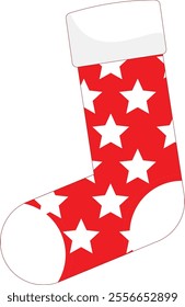 Sock colored Red. Red Sock Star Pattern Sock Design.  Christmas Sock. Santa Socks