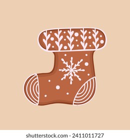 sock cookie, gingerbread hanging sock. Vector Illustration for printing, backgrounds, covers and packaging. Image can be used for greeting cards, posters and stickers. Isolated on white background.