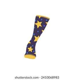 Sock decorated with yellow stars. Children's knee sock with cool print. Stylish underwear. Fashion accessories. Footwear vector illustration isolated on white background