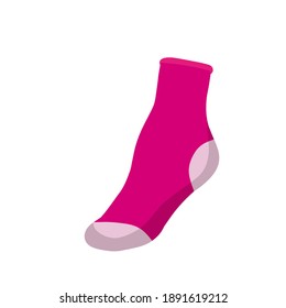 Sock. Element of pink children clothing for the foot. Bright color. Funny object isolated on white. Flat cartoon