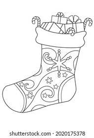 Sock Llenado de Regalos - libro de colorantes antiestrés navideño - vector lineal para colorear. Esquema. calcetín de Navidad - zentángulos para el libro de colorear.