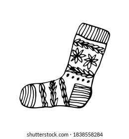 Sock with floral ornaments. Doodle hand drawn illustration. High quality illustration. Knitted stocking. For holiday decor.