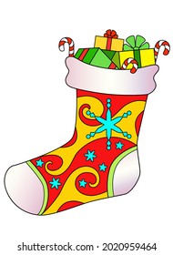 Sock With Gifts - Christmas vector full color illustration. Christmas sock - zentangles with gift boxes and lollipops - surprises for children for the holidays.