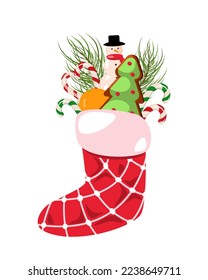 A sock with gifts.Gingerbread, fir branches, candy cane, snowman, Christmas tree in a boot.An element of New Year's holidays, congratulations.