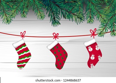 sock hang with christmas tree branch on white wooden wall. concept design of surprised present gift in Christmas or new year in vector illustration. 