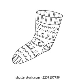 Sock with hearts pattern in hand drawn doodle style. Vector illustration for children coloring book.